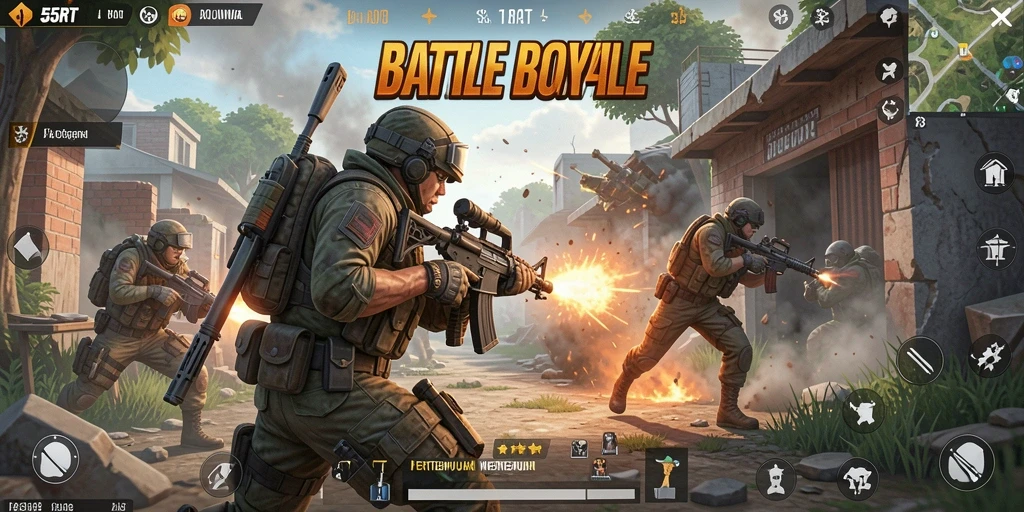 Gameplay seru dalam arena Battle Royale 55RT yang menegangkan.