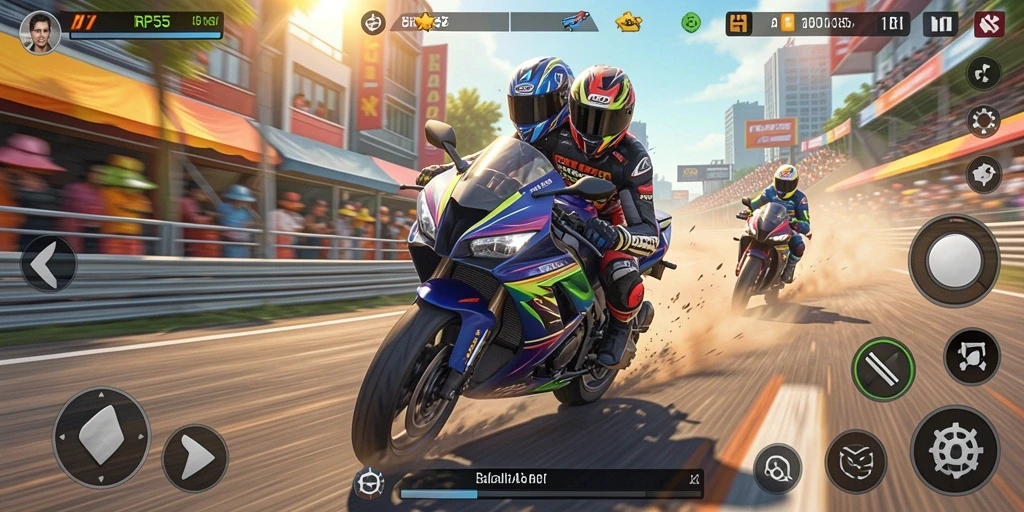 Screenshot menunjukkan aksi balapan motor yang mendebarkan dalam RP55.